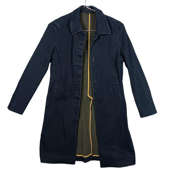 Chambray Long Jacket Unlined Size Small Dark Blue Wash Collared Buttons Closure - Picture 3 of 9